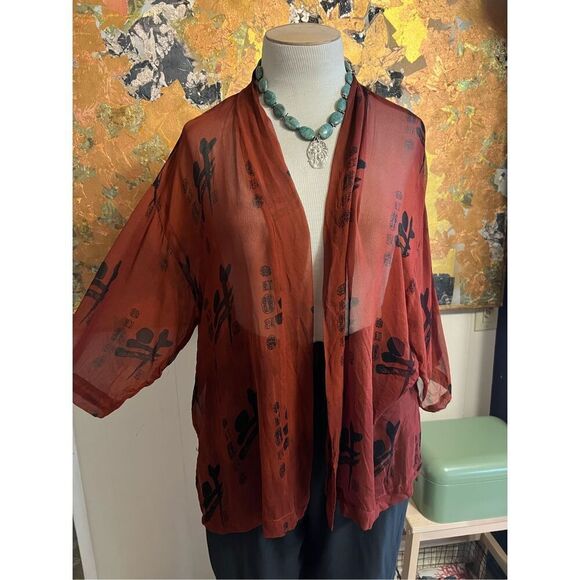 Vintage 80s Banjara Kimono 100% Silk Short-sleeved Rust Asian Geisha Topper One - Picture 1 of 5